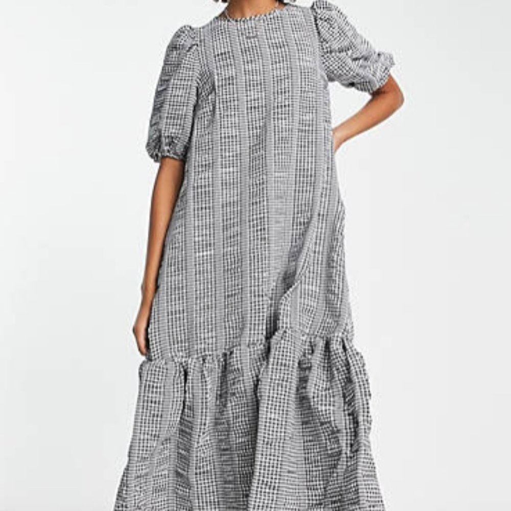 ASOS volume maxi smock dress in mono mixed gingham